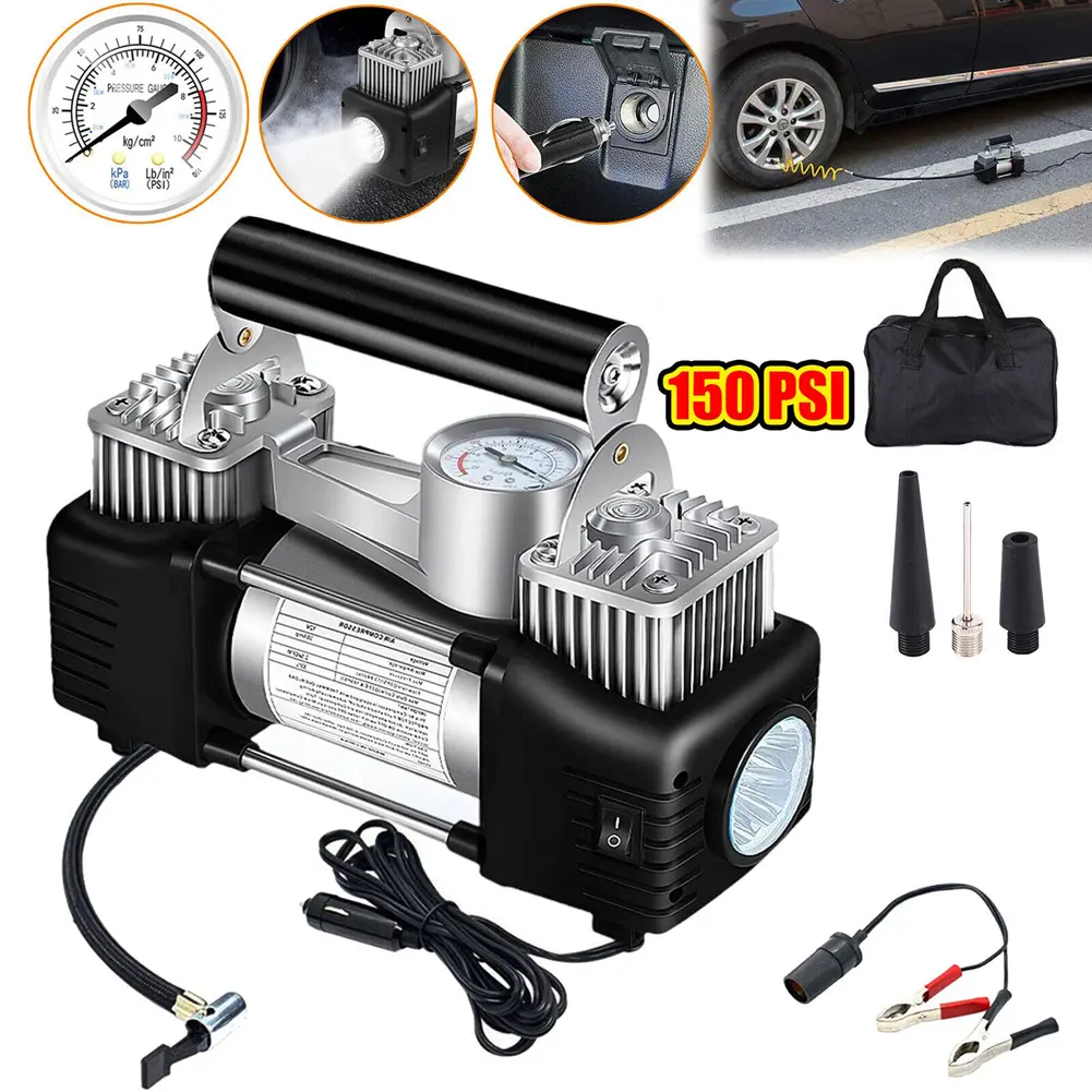 12V Portable Dual Cylinder Air Pump Heavy Duty Dual Cylinder Tire Inflator 150PSI Electric Car Tyre Inflator Portable Dual Purpose Air Pump