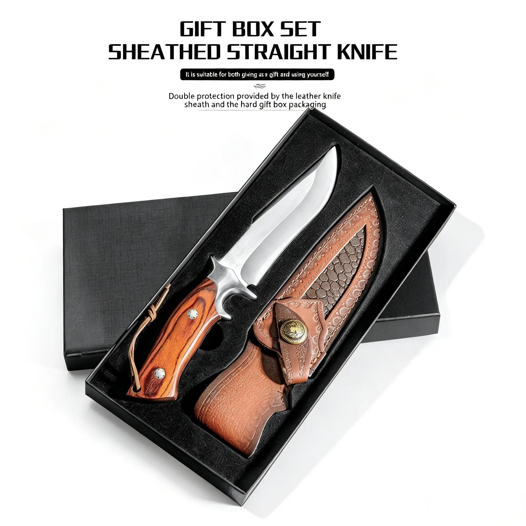 M390 High Hardness Fixed Blade Utility Knife, Solid Color Wood Handle Outdoor Camping Cutting Knife, Handmade Embossed Leather Sheath, Luxury Gift Box Packed Collectible Knife for Father’s Day Birthday Gift