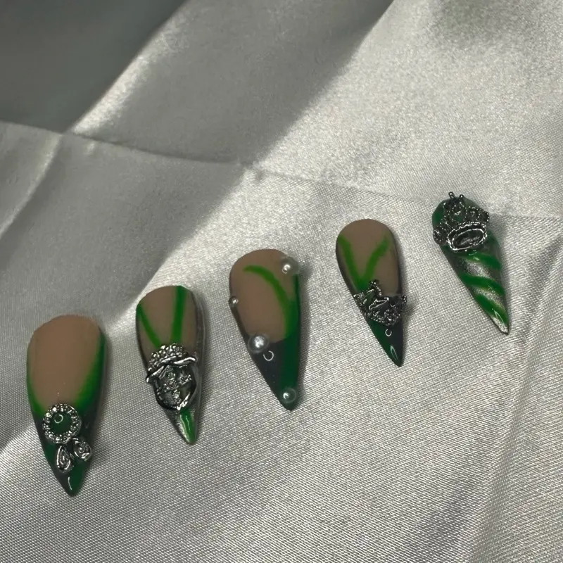 Acrylic Press On Nails with Charms and Designs - Green and Beige Color, Unique Shapes, Elegant Finish
