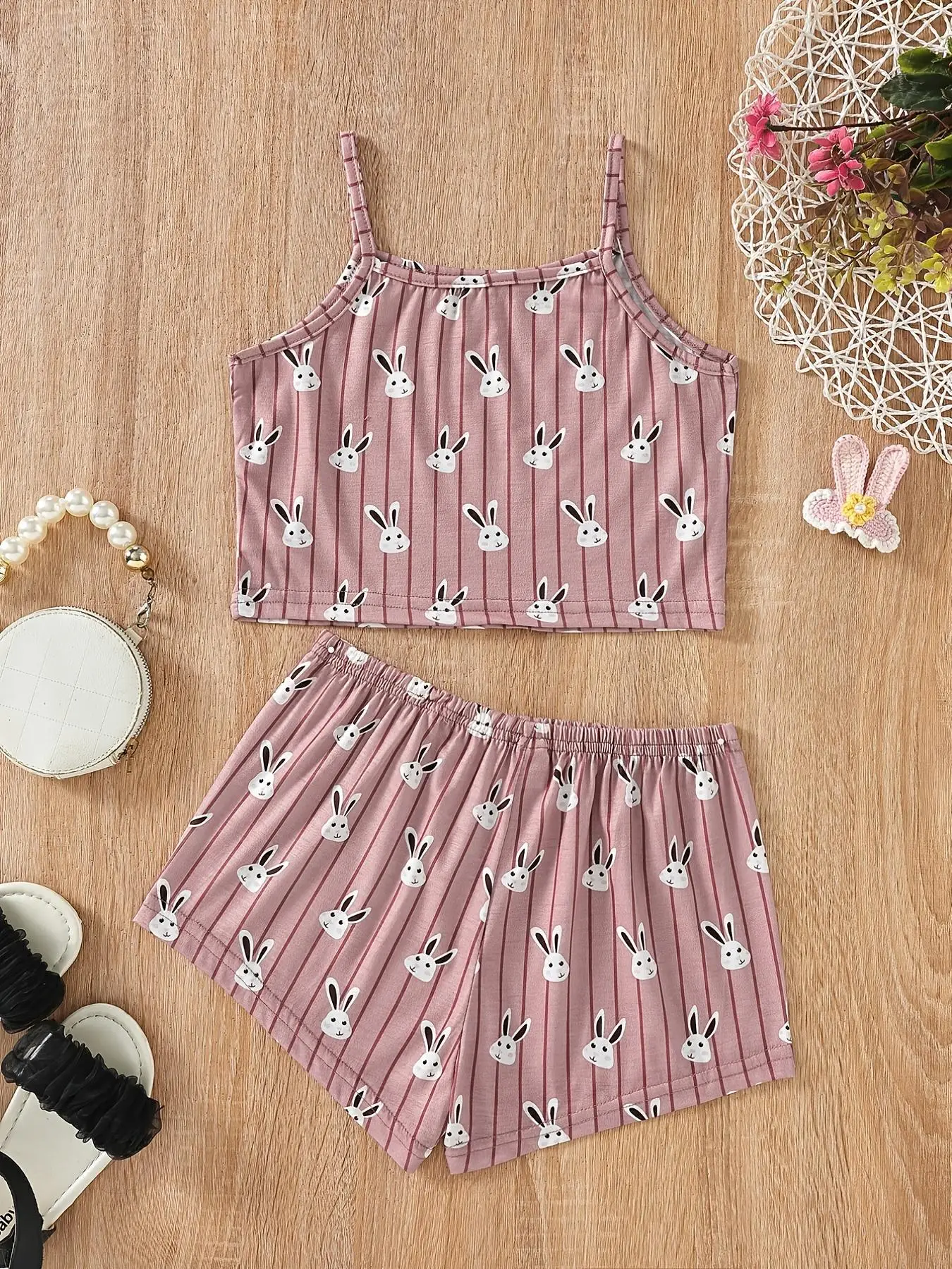 Girl's Cartoon Rabbit Print Crop Cami Top & Elastic Waist Shorts Two-piece Set, Casual Sleeveless Top & Shorts for Summer, Kids Clothes for Daily Wear
