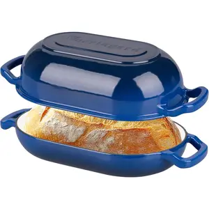 Enameled Cast Iron Sourdough Bread Oven, Dutch Oven, Loaf Cast Iron Bread Pan for Homemade Bread Baking, Meatloaf Pan with Lid, 5QT, Blue