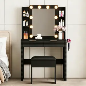 LED Makeup Vanity Desk with 10-Bulb Mirror, Charging Station & Storage Stool, 2 Drawers 4 Shelves, Hairdryer Holder, Black Dressing Table for Small Bedroom majestic