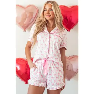 PINK Women's 2-Piece Polyester Printed Pyjamas Set - Comfortable Shortsleeve Top with Bowknot Print, Above-The-Knee Ruffled Shorts, Multi-Size Summer Sleepwear & Loungewear