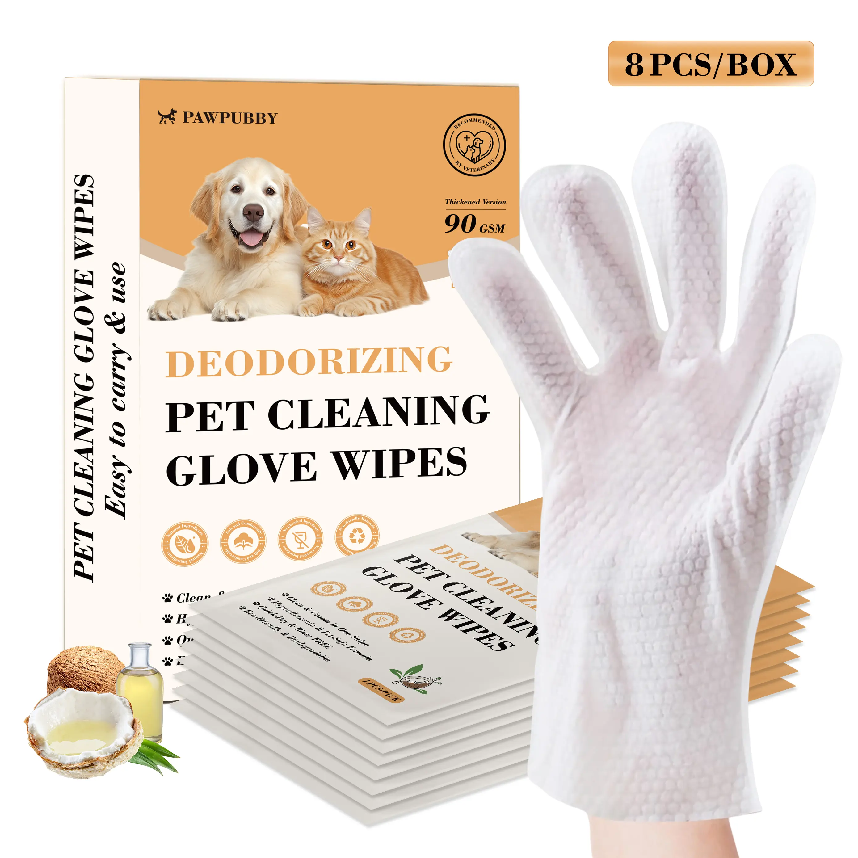 PAWPUBBY Deodorizing Pet Bath Cleaning Glove Wipes - 8-Pack (Multi-Pack), 90GSM Thick, Hypoallergenic, Pure Water, Natural Ingredients, Oat Extract, Hot Weather Safe, Skin Healthy, Leaves Coat Healthy, Enhances Fur Resistance for Dogs & Cats
