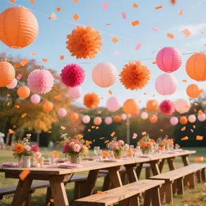 14Pcs Autumn Paper Lantern Tissue Pom Decoration Set, Round Paper Lantern for Wedding Birthday Family Classroom Party Decoration, Thanksgiving, Autumn, Various Sizes