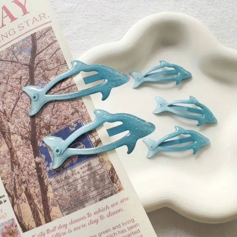 8pcs Sweet Blue Sparkle Dolphin Hair Clips - Adorable Soft Bunny Side Clips for Ladies - Resin Material - Animal Pattern - Suitable for All Seasons - Perfect for Daily and Casual Wear - Fun Hair Clips - Hair Pin Set - Super Cute Clips