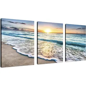 3 Panel Wall Art Blue Sea Sunset White Beach Painting The Picture Print On Canvas Seascape The Pictures
