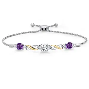 Gem Stone King 925 Silver and 10K Yellow Gold Moissanite and Gemstone Birthstone Infinity Bracelet for Women with Lab Grown Diamond Accents | Cushion 6MM and 5MM | Adjustable Bolo Bracelet | Easy-On Easy-Off
