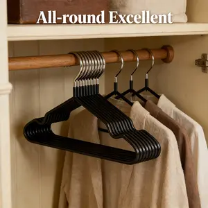 Black non-slip hangers made from thickened metal with a non-slip coating surface; rustproof and won’t chip paint, strong load capacity and resistant to deformation. Suitable for home wardrobes and dormitories; satisfies the clothing hanging needs of the w