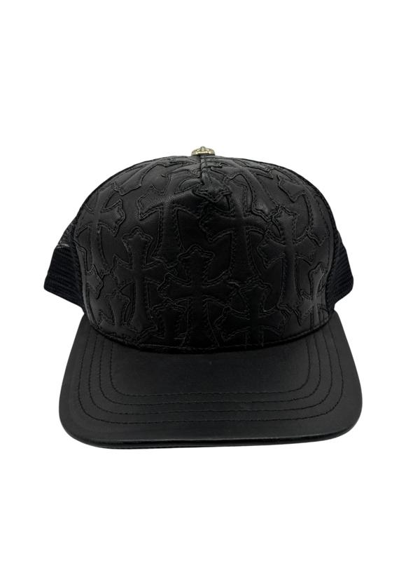 Chrome Hearts Cemetary Cross Leather Stitched Trucker Hat Black