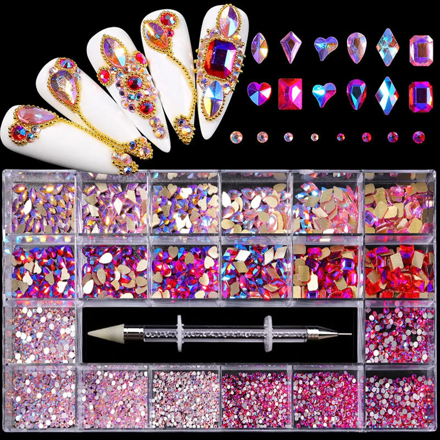 Nail Supplies Flatback Rhinestone Crystals Set - 12 Types of 600 White Diamonds, 2500 Flat Rhinestones, 20 Styles for DIY Crafts, 3D Ornaments + Tweezers + Drill Pen