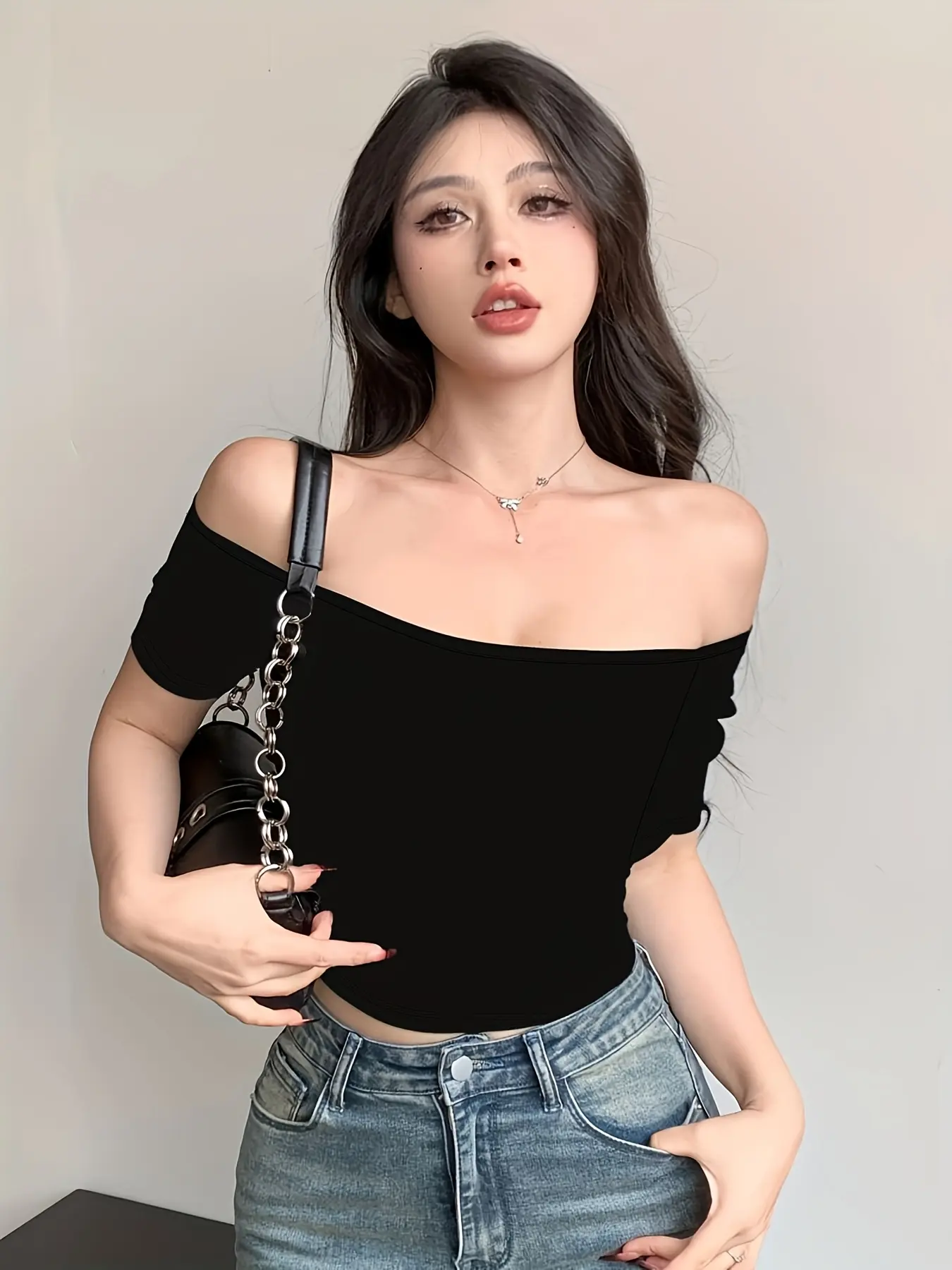 Women's Off-Shoulder Solid Color Crop T-Shirt - Short Sleeve Stretch Blouse Top, Non-Sheer Opaque Machine Washable Shirt Suitable for Spring Summer Beachwear, Office & Casual Attire, Minimalist Essential