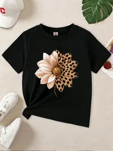 Girls' Leopard Print T-Shirt, Graphic Shirt, Cute Cartoon Design, Soft Fabric, Fitted Style, Comfortable Casual Wear, Fashion Tee
