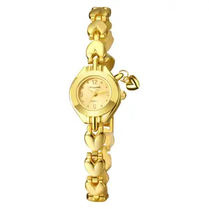 Women Dainty Gold Watch: Analog Quartz Bracelet Watch Heart Charm Lady Wristwatch Round Dial Casual Business Birthday