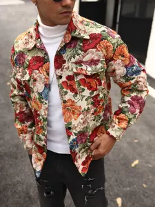 Men's Blue Knitted Jacket, Floral Print, Regular Fit, Long Sleeve, Casual Style, Ideal for Daily Wear and Outdoor Activities