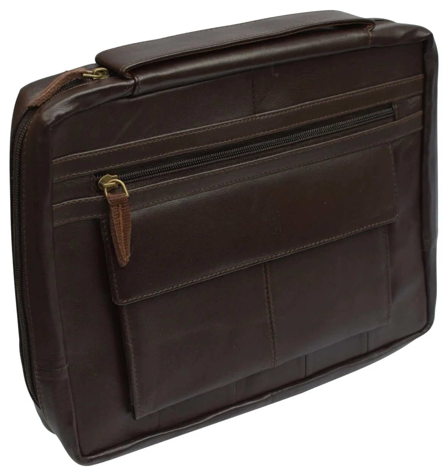 Large Brown Genuine Leather Bible Book Cover Case Zippered Organizer