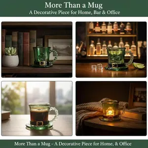 St Patrick's Day Leprechaun Hat Glass Mug, 11oz with Clover & Gold Border, Celtic Knot Handle, Coffee Cup for Home Party Office University