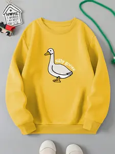 Tween Girl Simple Cute Duck Letter Print Casual Sweatshirt, Comfortable and Stylish, Perfect for Daily Wear, Youth Fashion