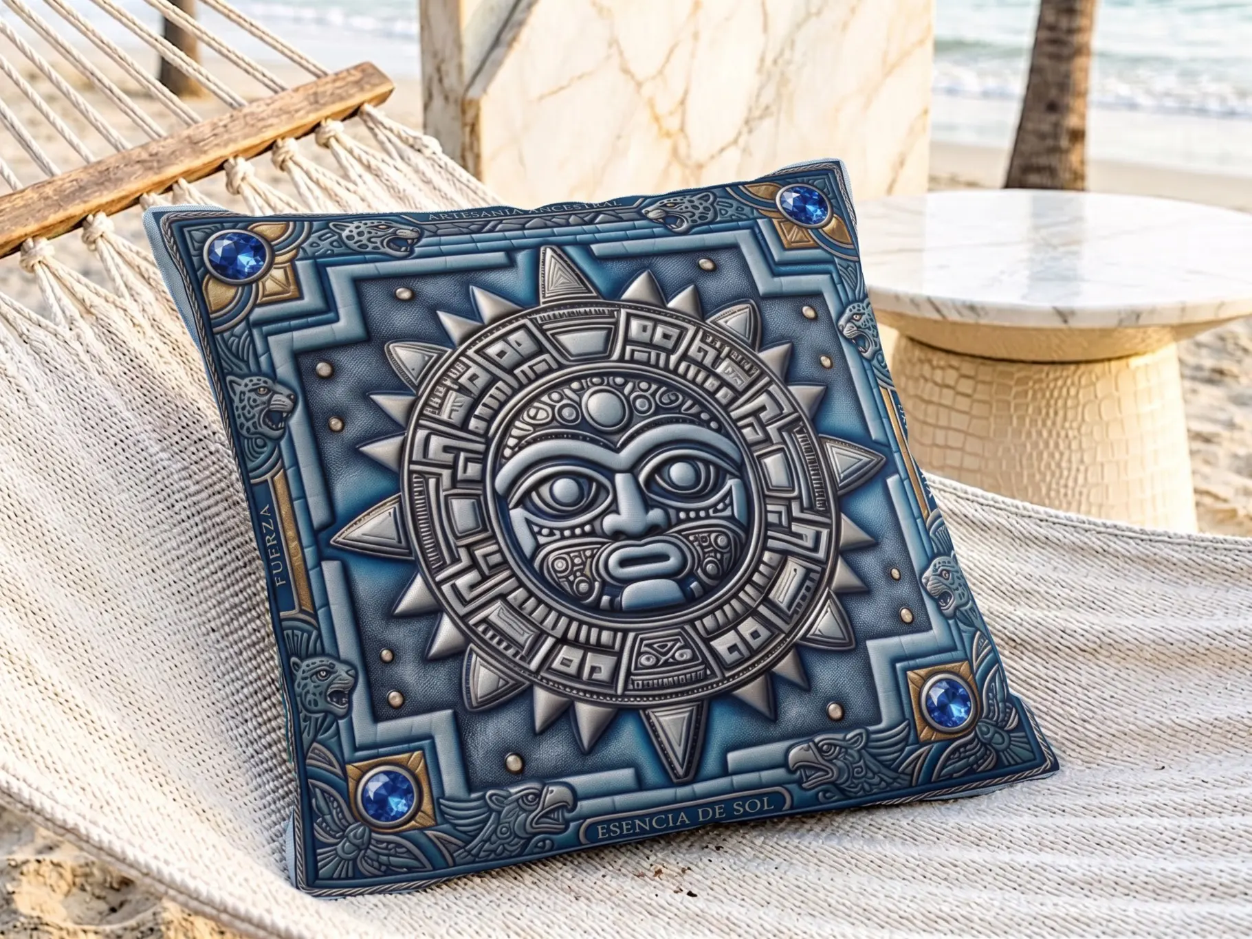 Premium Blue Indigenous Mayan Sun Symbol Throw Pillow - Polyester-Linen Blend, Shape-Retaining, Machine Washable, Mayan Culture Room Decor, Sacred Space Accent for Peace & Energy Protection, Melanin Magic