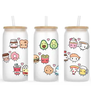 Cute Food Couple Frosted Glass Cup With Bamboo Lid and Reusable Straw. Sizes 16oz or 20oz Available.