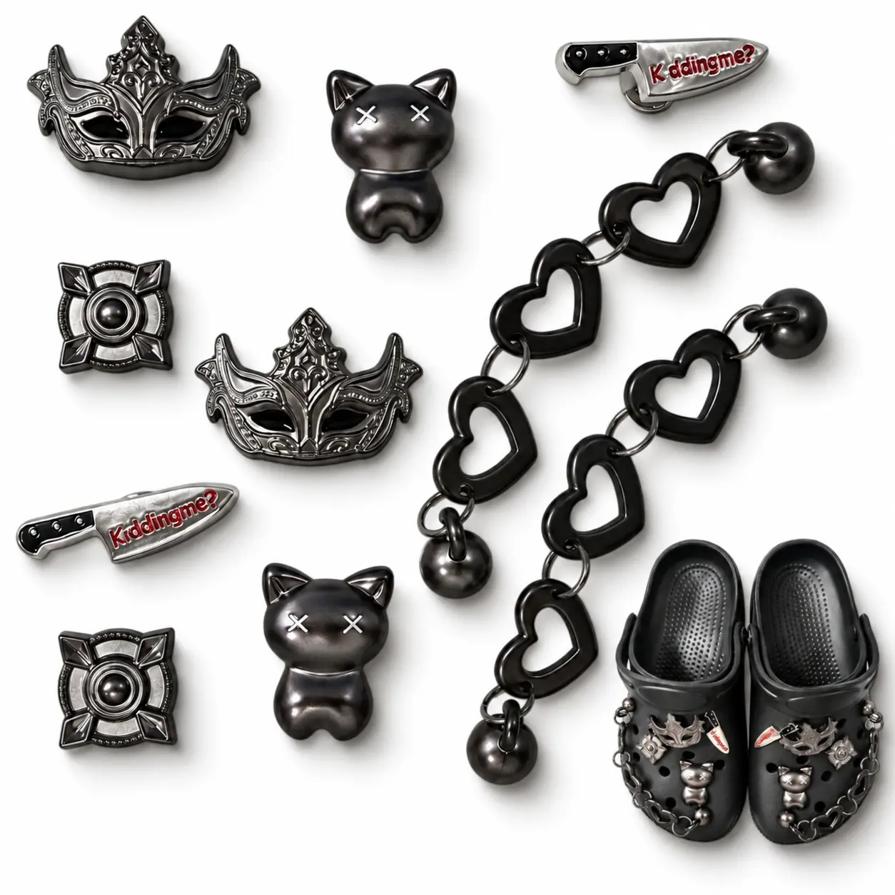 10PCS Gothic Footwear Charms Set - Black Cat, Masquerade Mask, Cross, Mini Knife, Hollow Hearts, Metal Chains - Punk Y2K Party Clog Shoe Accessories