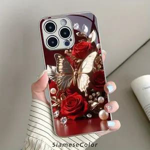 Metal Butterfly Red Rose Style Phone Case - For iPhone16 Pro Max/15/14 PLUS/13/12/11 Non-Slip Lightweight Fashion Trend Design Case