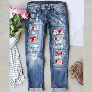 2025 New Winter Christmas Santa Claus Printed Denim Pants with Tear-Off Thickened Straight Long Jeans