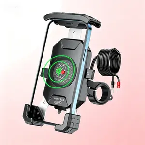 Wireless Motorcycle Phone Mount with Qi 15W Charger & PD/USB-C 20W Fast Charging Port, 1s Lock Cellphone Cradle for 4-7" Smartphones, Aluminum Alloy Handlebar Base, Secure Hands-Free Riding
