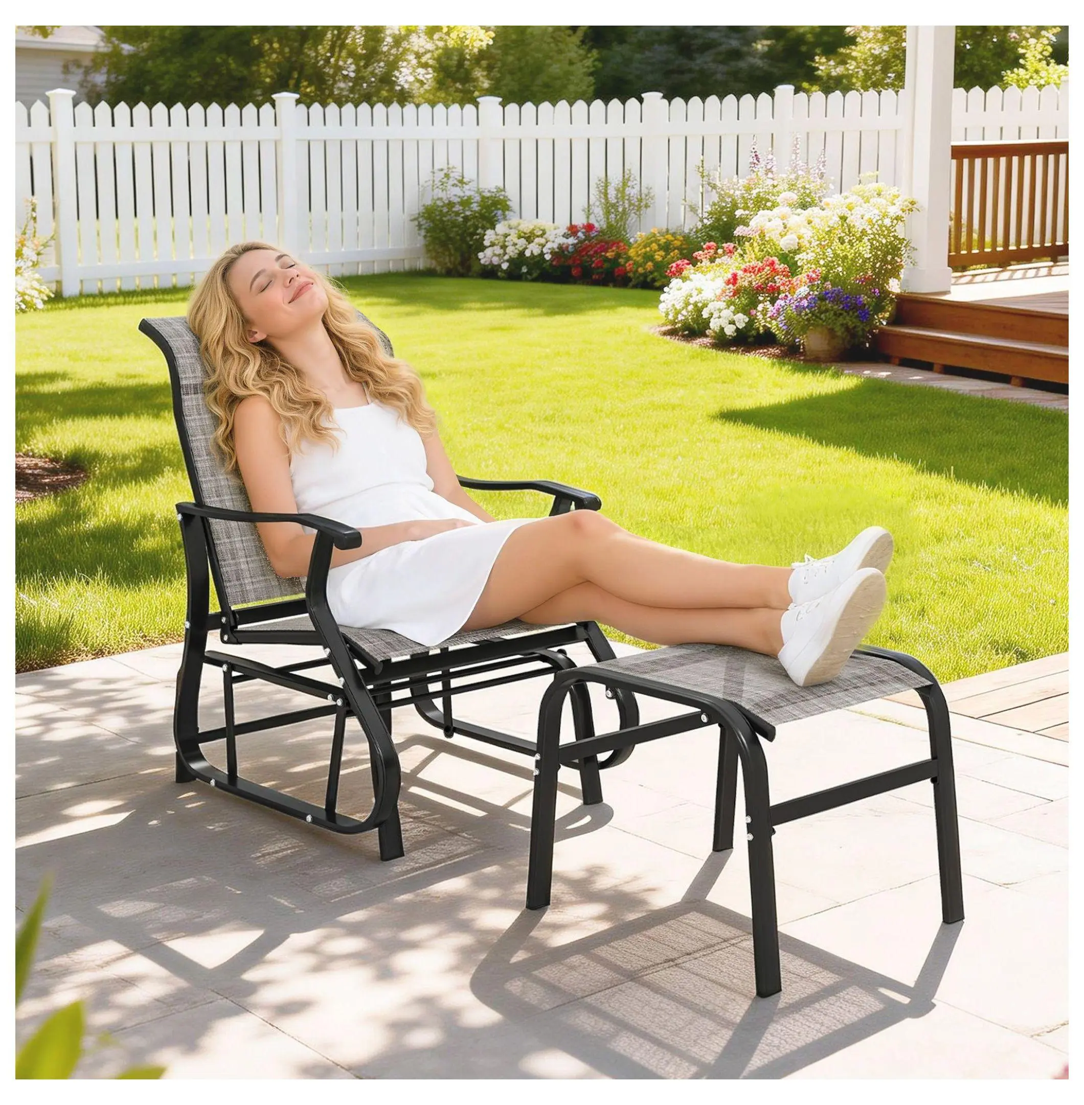 Outdoor Glider Chair with Ottoman Set, Patio Glider Rocker, High Back, Wide Seat for Porch, Garden, Backyard, Gray Default Title