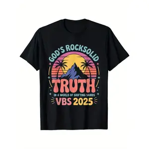 /1/God's Rock Solid Truth VBS 2025 Christian T-Shirt & - Soft Breathable Fabric, Vibrant Retro Graphic Print, Comfortable Short Sleeve Tee, Perfect Gift for Vacation Bible & Casual Attire, Casual Clothing, Sunset Mountain Print