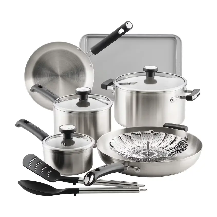 Farberware Truecook 12-Piece Stainless Steel Cookware Set, Pots and Pans Set with Frying Pans, Saucepans, Stockpot, Glass Lids and Kitchen Utensils, Durable Cookware for Home Cooking, Meal Prep and Everyday Use