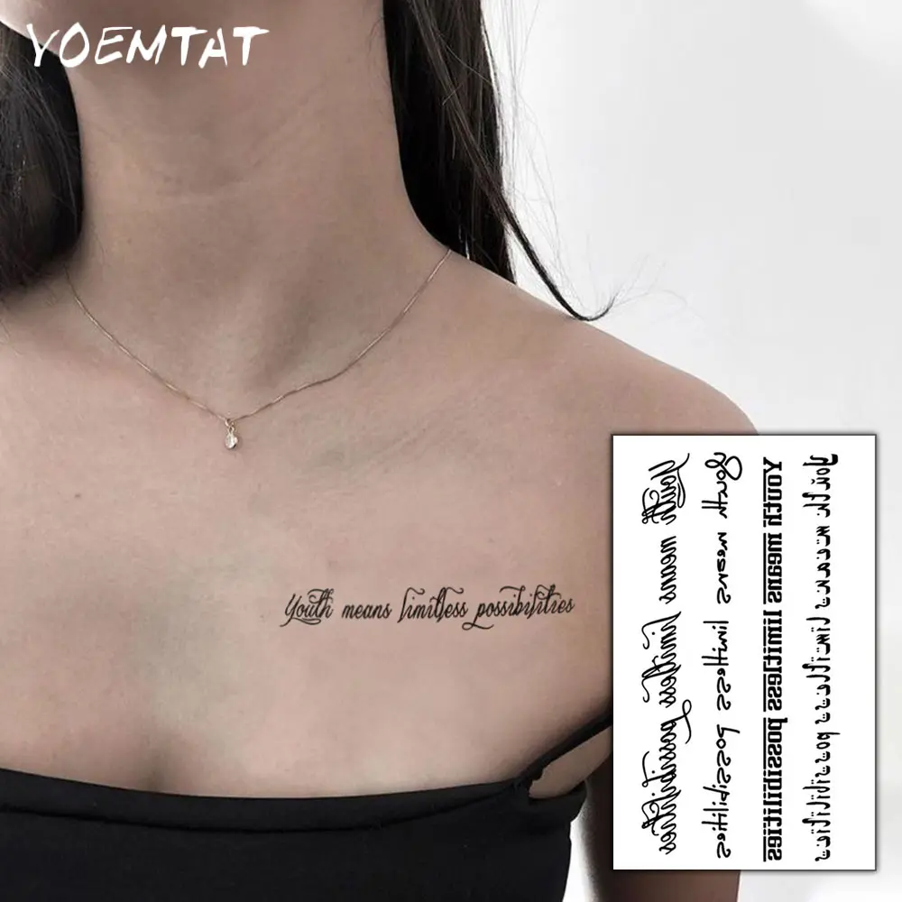 Waterproof Temporary Tattoo Sticker "Youth Means Limitless Possibilitims" Dark Style English Short Phrases Arabic Language Body Art Arm Fake Tattoos Sleeve For Women Men Hands Wrists Neck Shoulders Legs Ankles