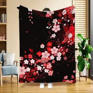Midnight Cherry Blossom Plush Blanket - Suitable For Beds, Sofas, Chairs, And Living Room Decor.Soft, Comfortable, Warm, And Lightweight Blanket, Ideal For Travel, Camping, And All Seasons-280gsm flannel blanket