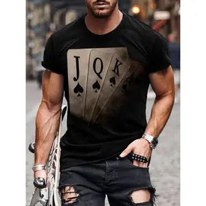 Men's Poker Print Round Neck Tee, Regular Fit Casual Short Sleeve T-shirt, Men's Summer Top for Daily Wear
