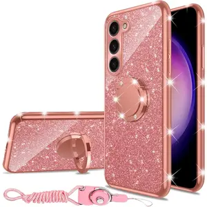 for Samsung Galaxy S23 (6.1-inch) Phone Case Cute Girls Women Glitter Soft Silicone Cover with Ring Stand Strap Lanyard Shockproof Full Body Protection Case - Rose Gold