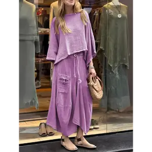 Womens 2pcs Fall Outfits Oversized Batwing Long Sleeve Pullover Tops with Pockets, Irregular Maxi Skirt Sets, Comfortable Polyester Suit Casual Crewneck Earth-Yellow Clothes Fabric Womenswear Bottom Collar Dress Gamis