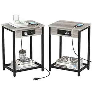 Night Stand Set of 2, Nightstand with Charging Station, End Table with USB Ports and Power Outlets, Small Bedside Table for Bedroom Farmhouse