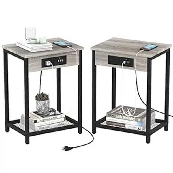 Night Stand Set of 2, Nightstand with Charging Station, End Table with USB Ports and Power Outlets, Small Bedside Table for Bedroom Farmhouse