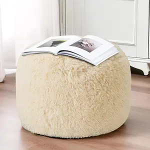 Round Stuffed Pouf Ottoman, Long Faux Fur Poufs with Foam Chunk Filling, Fluffy and Furry Pouf Foot Stool Storage Ottoman, 20 X 15 Floor Poufs Foot Rest for Living Room, Beige