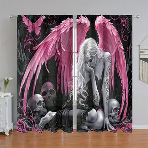 2Pc, elegant and mysterious animation wind winged woman, pocket pole installation, digital printing translucent curtains, polyester material, suitable for living room, bedroom, wardrobe, home decoration
