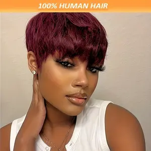 2026 New Wholesale 1pc Women's Short Pixie Cut Wig 4 Inch Straight Human Hair with Bangs 180% Density Rose Net Cap Basic Style Virgin Hair Cosplay Halloween Wig