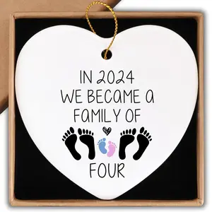Newborn Gifts in 2024 We Became A Family of Four Ornament Keepsake Sign Heart Plaque Postpartum Gifts for Mom Baby Girl Gift Basket Newborn Baby Gifts Set