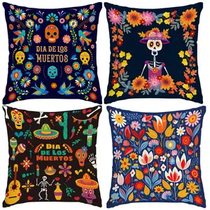 4pcs Mexican Day of the Dead Boho Pillow Covers Set: Painted Skulls, Flowers, Birds & Mexican Decorations (Sombrero, Guitar), Cushions for Living Room/Bedroom, Bedroom Decorative Accessories, Washable Polyester, Multiple Sizes, No Insert