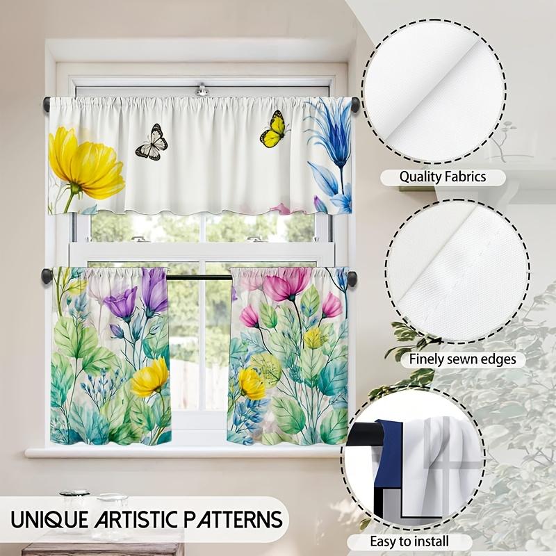 3pcs Kitchen Curtains with Colorful Floral and Butterfly Patterns |   Designed for Rod Pocket Hanging, Modern Art Print, Light-filtering Polyester, Excludes Rod, Available in Multiple Sizes