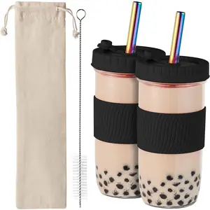 2 Pack  Boba Cup,24Oz Wide Mouth Smoothie Cup,mason Jar Glass Cups with Lids and Straws,Bubble/Boba  Cups,Ice Coffee Tumbler 2 colored straws 1 sponge brush(Black)