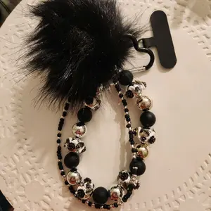 Black Faux Rabbit Puff Beaded Key Chain with Free Phone Attachment, Silver and Black Hand-Painted Beads, Unique Quality Accessory
