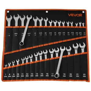 VEVOR Combination Wrench Set, 32-Piece SAE and Metric, 12-Point Box End and 15 Angled Open End Combination Wrenches with Roll Up Pouch, Carbon Steel, for General Household and Automotive Repairs