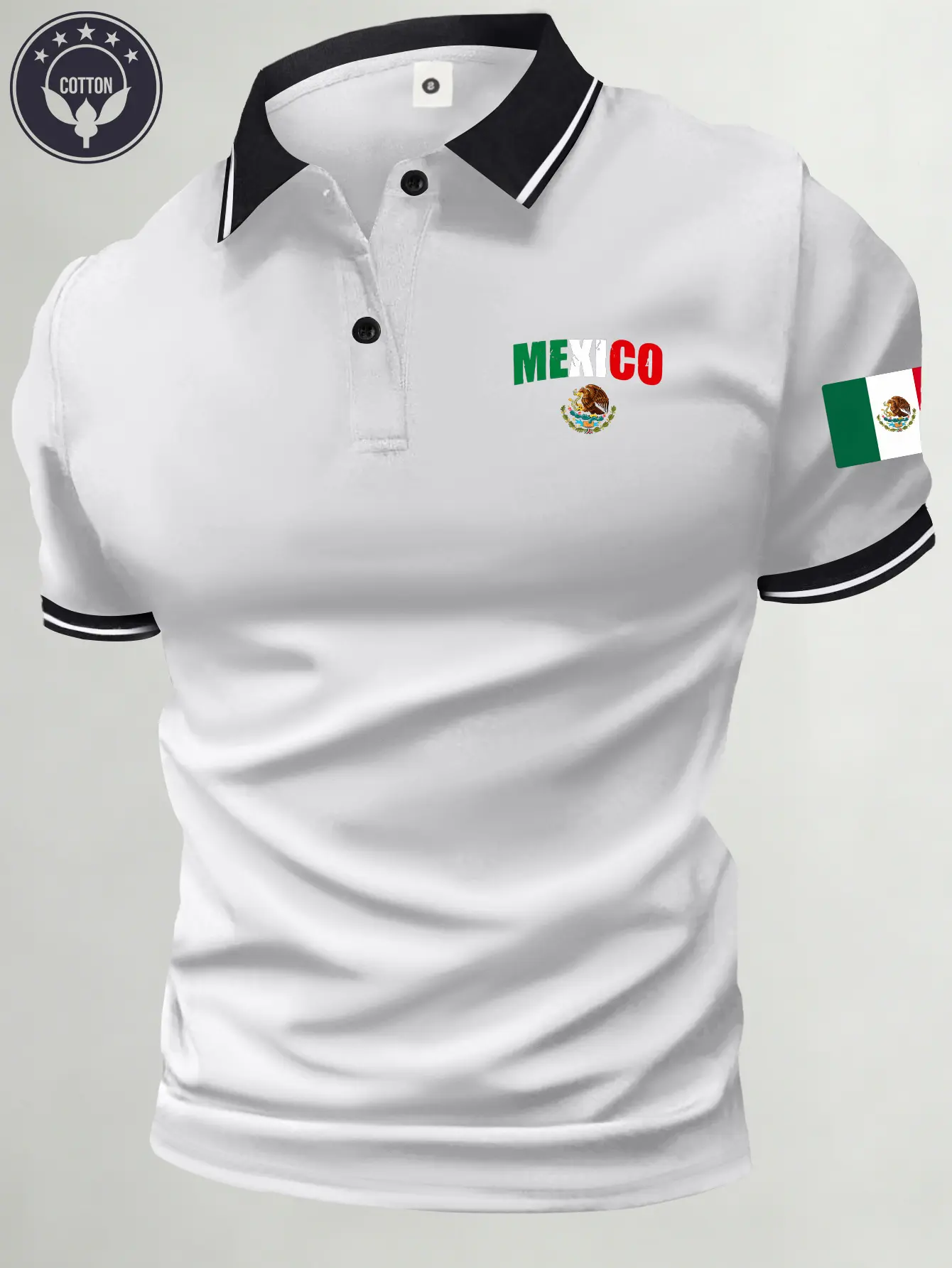 Men&rsquo;s summer cotton short-sleeve polo shirt with Mexico flag theme, Mexico flag print, classic retro style, lightweight and versatile sports casual outdoor fashion golf apparel, trendy black short-sleeve design&mdash;an ideal gift for men or a brother.