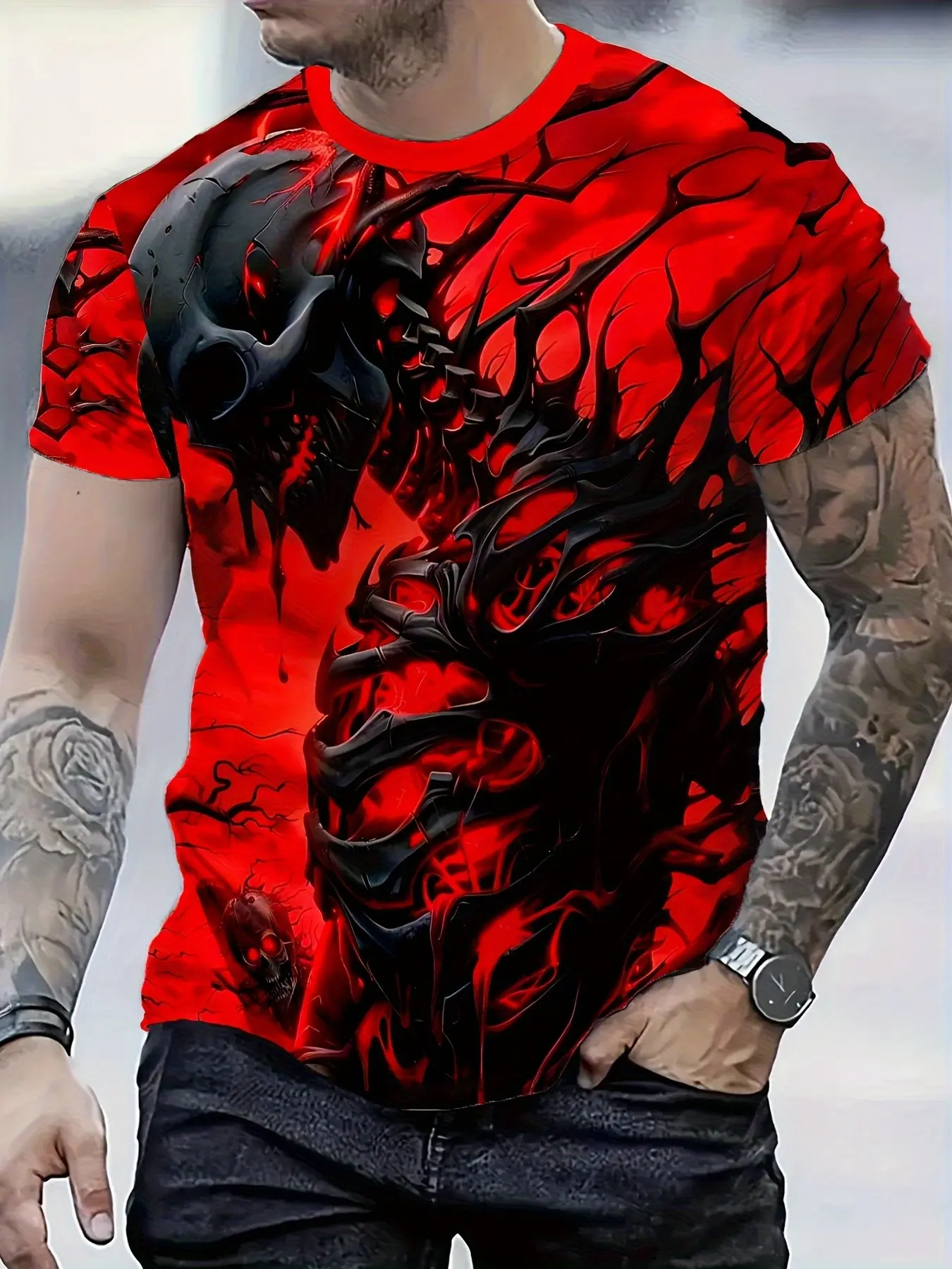 Men's Bold Red & Black Flame Skull Print Shirt - Full-Body Crew Neck Casual Top, Machine Washable Regular Fit Suitable for All Seasons, Casual Attire & Layering for Edgy Style, PLUS SIZE