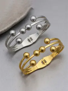 Women's Stainless Steel Cuff Bracelet, Round Ball Design, Waterproof Metal Wristband, Fashion Jewelry Accessory, Double Layered Bracelets